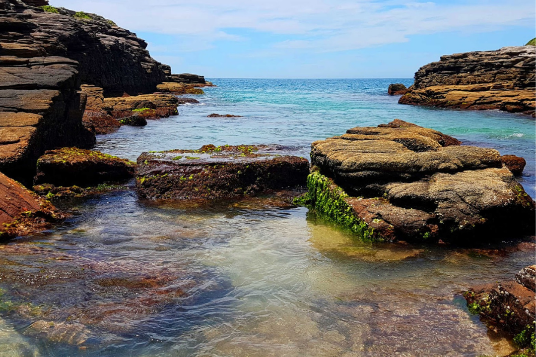 Praia da Foca, que possui um mar calmo e muitas formações rochosas que estão em destaque.