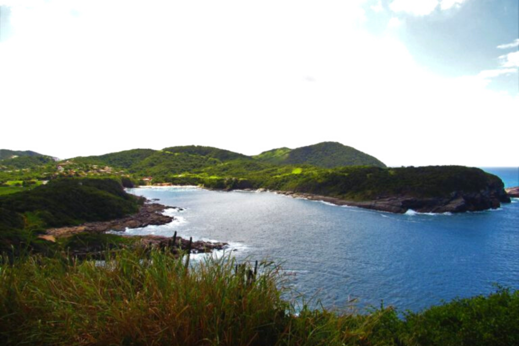 Vista do Mirante do Forno, com toda a vegetação do local e o mar que banha a redondeza.